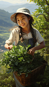 山茶树女孩在茶山上采摘茶叶插画