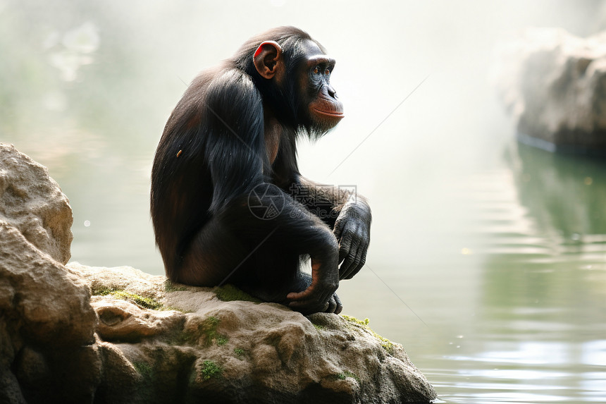 猴子坐在石头上图片