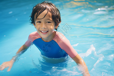 泳池中玩耍的天真男孩图片