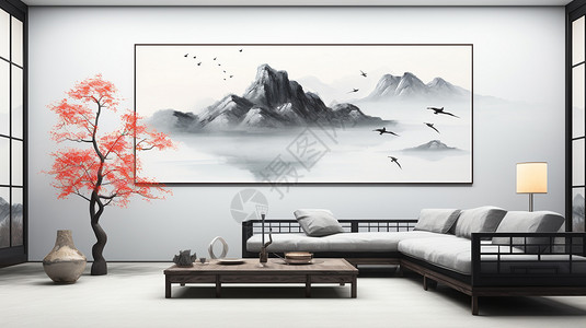 水墨画装饰画客厅里的大幅山水画背景