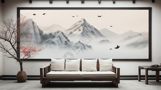 风景装饰画挂画沙发后的山水画背景