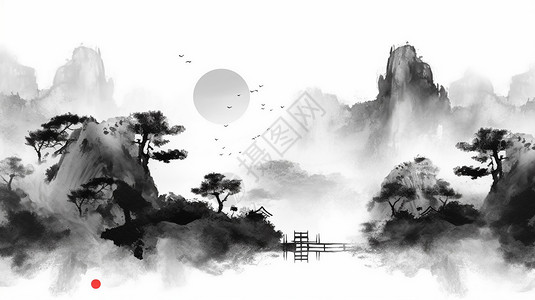 黑色山峰黑白水墨画插画