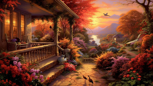 夕阳下的梦幻花园背景图片