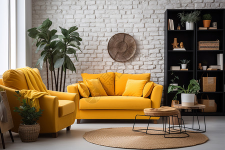 黄色时尚沙发客厅中的黄色沙发装饰背景