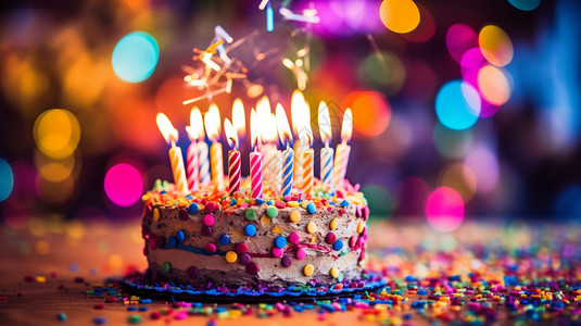 生日庆典燃烧蜡烛的生日蛋糕背景