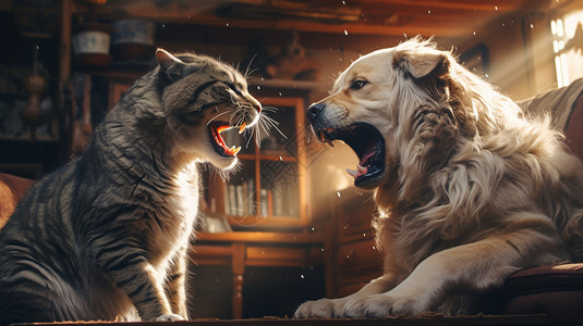 猫打架一只猫和一只狗在客厅里打架背景