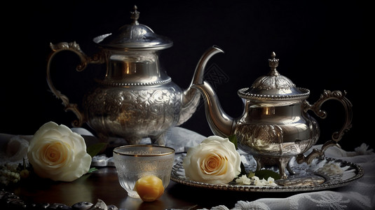 茶杯和茶壶放在茶盘上图片