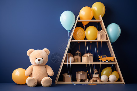 木质熊猫玩具气球装饰的玩具架背景