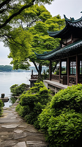 青砖屋檐湖畔的古建筑背景