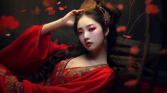 古风物件头饰穿红色婚纱的古代美女背景