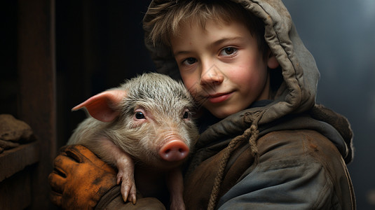 磨面猪和男孩男孩抱着一头小猪背景