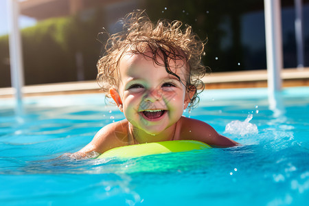 户外泳池中开心的女婴背景图片