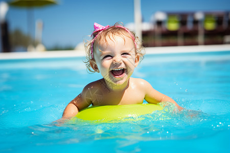 婴儿玩水泳池中玩水的小女孩背景