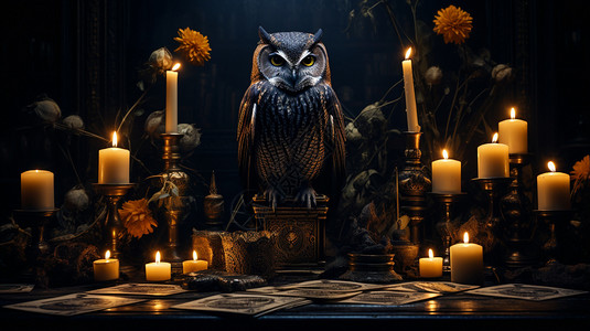 魔法蜡烛桌子上的蜡烛和猫头鹰背景