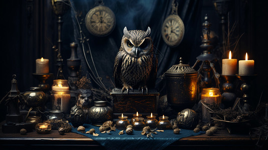 魔法蜡烛复古猫头鹰桌子背景