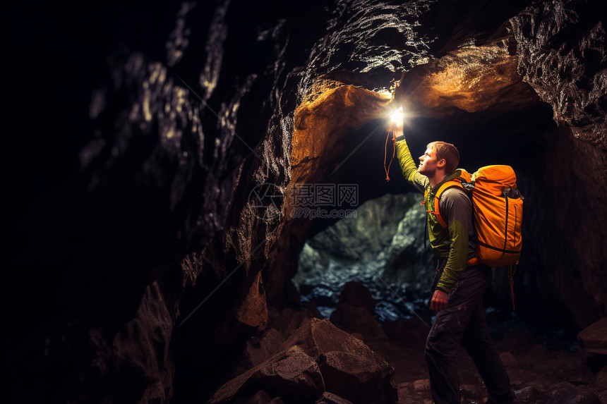 地下岩洞探险的男性图片