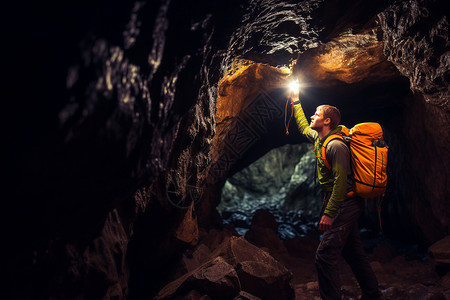 地下岩洞探险的男性高清图片