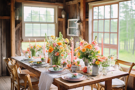 田园风格的鲜花装饰餐桌背景图片