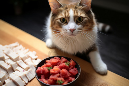 猫食碗旁的小猫咪图片