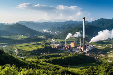 夏季山间的大型煤电厂高清图片