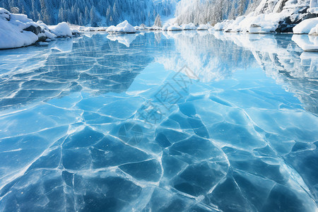 冬季森林冰冻的湖面景观背景图片