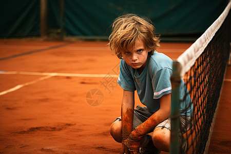 户外网球场上的小男孩图片