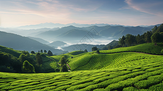 丘陵上的茶园高清图片