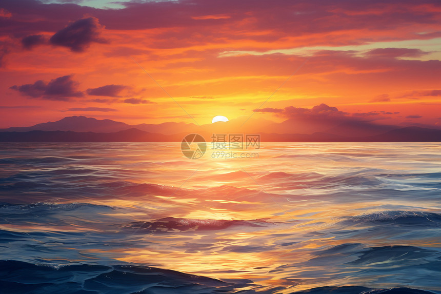夏季海边壮观的日落景观图片