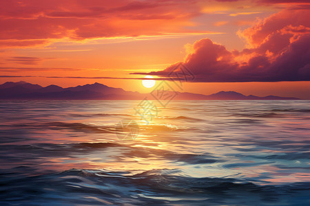云波浪日落海边绚丽的夕阳景观插画