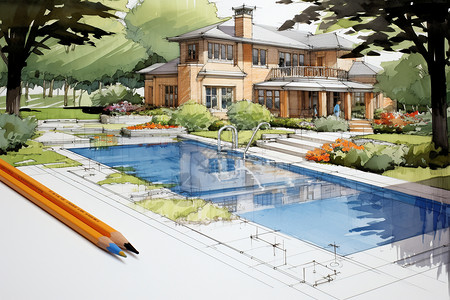 别墅庭院景观设计插图背景图片