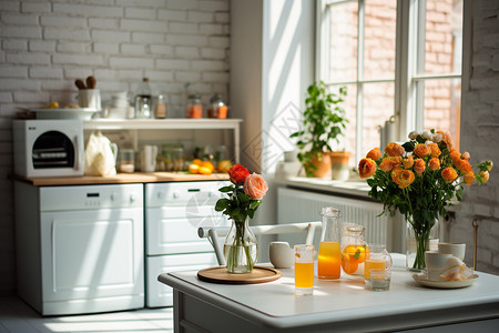 玻璃风花朵背景现代田园风的室内厨房场景背景