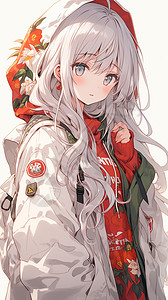 红棉袄银发女孩穿白夹克插画