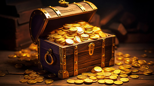一箱子钱打开一个装满金币的盒子。插画