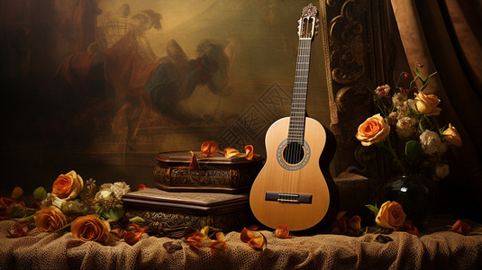 吉他古典素材房间里的吉他插画