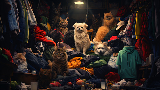 房间里堆叠的衣服和宠物图片