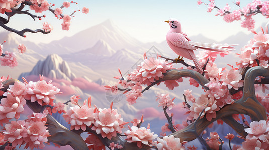 树上桃喜鹊站在桃树上插画