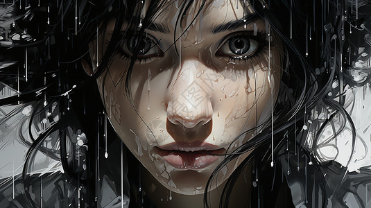 凌乱头发女孩脸上的雨滴插画