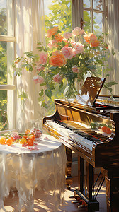 钢琴上的油画图片