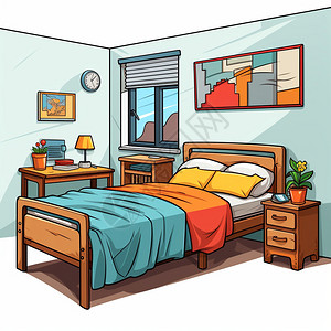 被子床单一间整洁的卧室插画