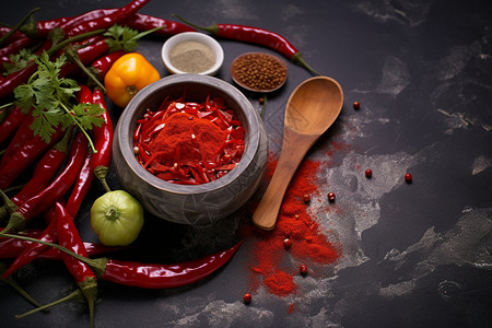 餐桌上的辣椒和辣椒面图片