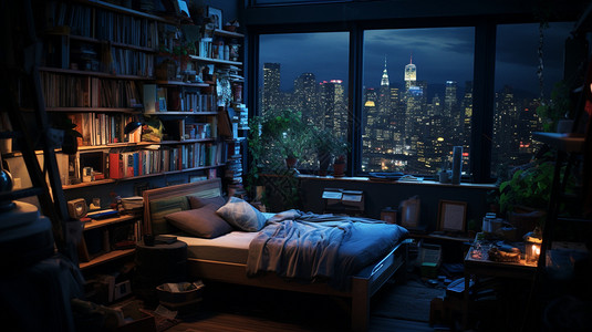 床头巨大的书架背景图片