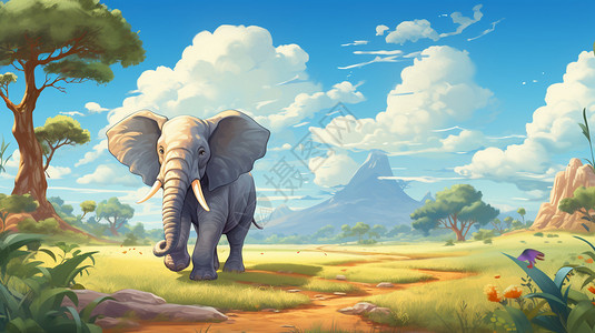 卡通大象行走在草原上背景图片