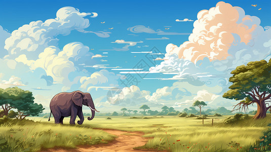 卡通大象在草原上行走图片