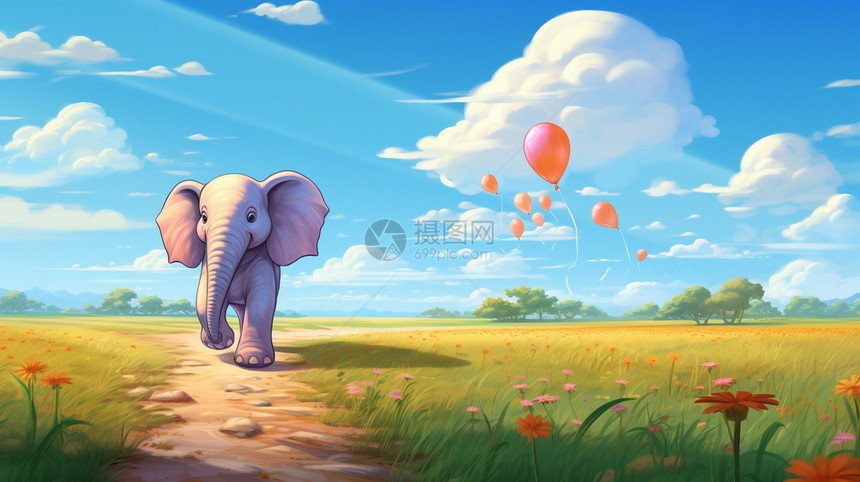 大象走在草原里图片