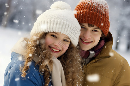 雪中漫步的情侣冬日雪中的情侣背景
