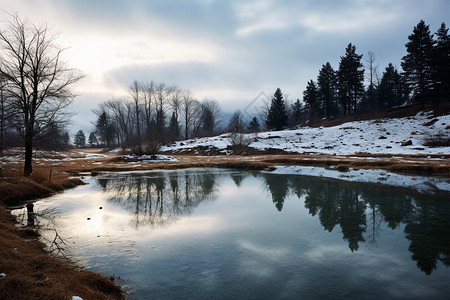 冬日的湖畔景色图片