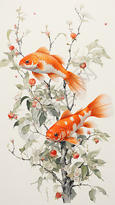 红色花蕾金鱼挂在花枝上插画