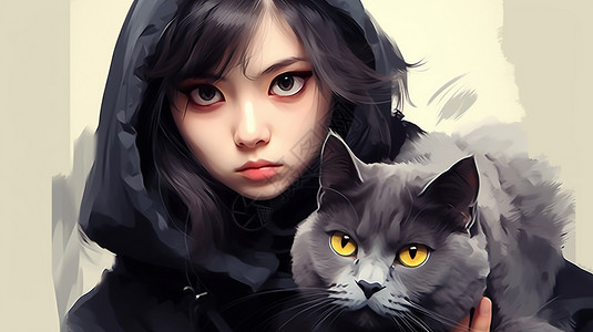 女孩抱着黑猫背景图片