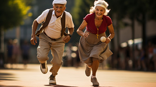 外国老年夫妇两位老人一起跑步背景
