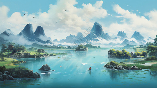 蓝天下的山水画卷背景图片
